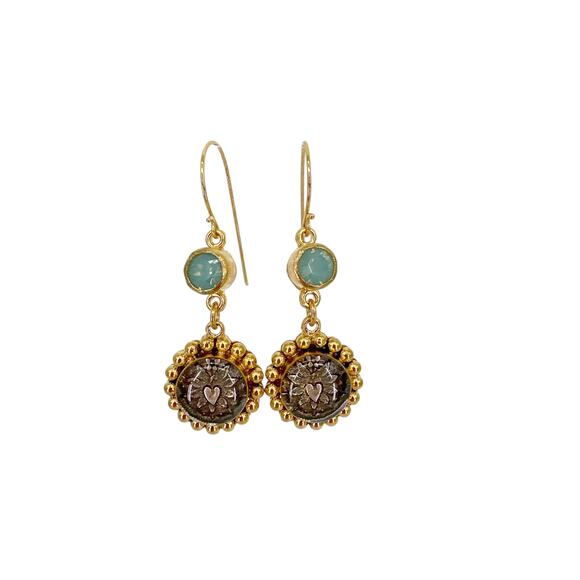 VIRGINS SAINTS & ANGELS VSA Magdalena Sacred Heart Earrings Gold & Pacific Opal - Picture 3 of 8